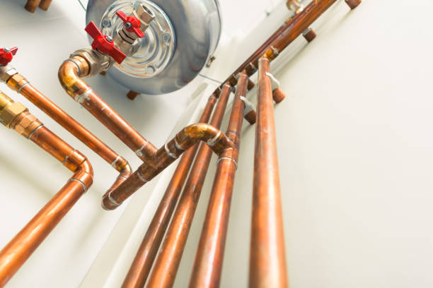 copper pipes engineering in boiler-room copper pipes engineering in boiler-room, close up view piping hot stock pictures, royalty-free photos & images
