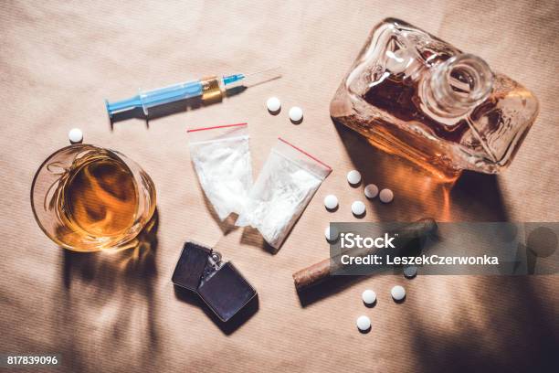 Hard Drugs And Alcohol Stock Photo - Download Image Now - Alcohol - Drink, Recreational Drug, Medicine