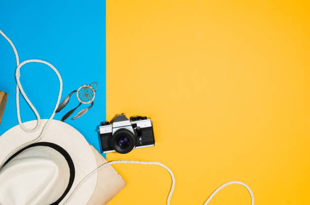 istock Travel accessories top view on colorful background with copy space 817847112