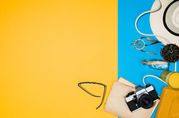 istock Travel accessories top view on colorful background with copy space 817847556