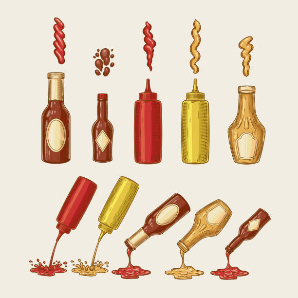 ilustrações de stock, clip art, desenhos animados e ícones de vector illustration of an engraving style set of different sauces are poured from bottles - barbecue chicken illustrations