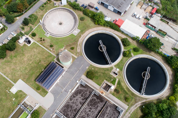 istock Sewage treatment plant - waste water purification, aerial view 817860402