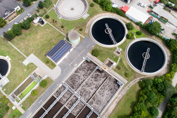 istock Sewage treatment plant - waste water purification, aerial view 817861036