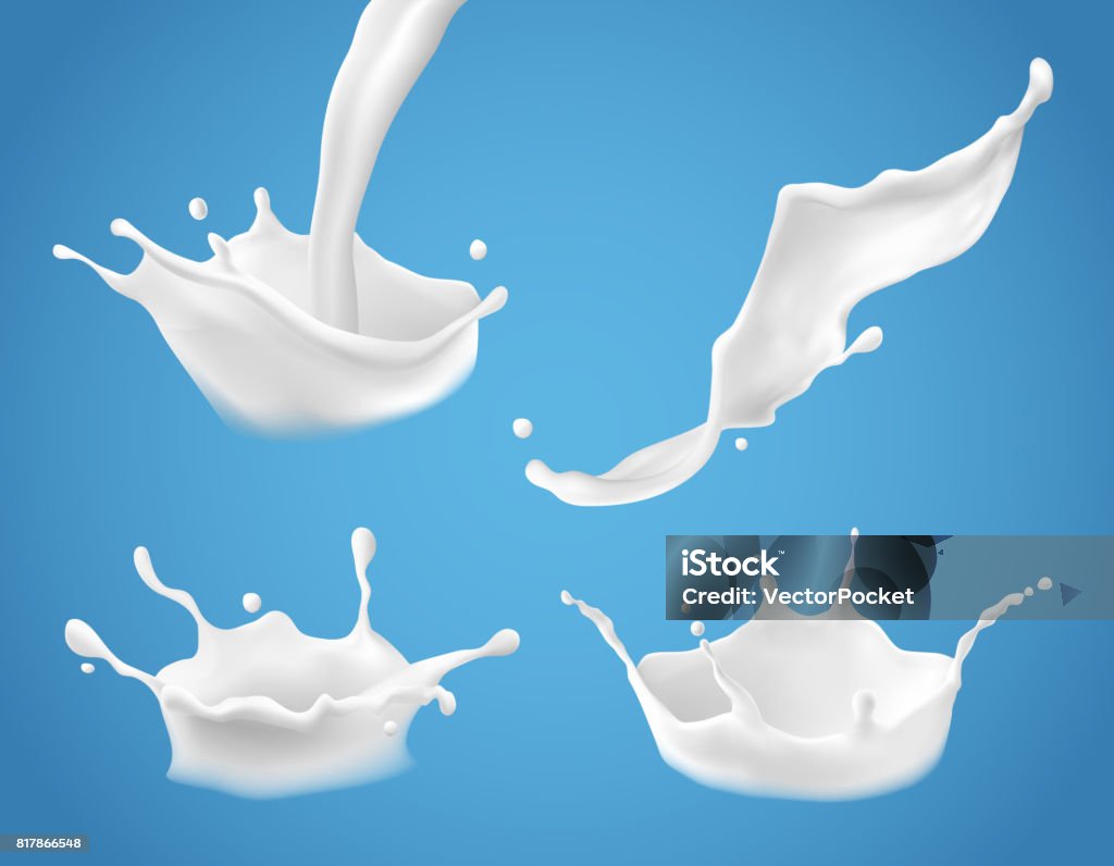3D ベクトル ミルク スプラッシュと注いで、リアルな自然な乳製品、ヨーグルトやクリームのセット - ミルクのロイヤリティフリーベクトルアート