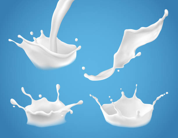 Set of 3D vector milk splash and pouring, realistic natural dairy products, yogurt or cream Set of 3D vector illustrations, milk splash and pouring, realistic natural dairy products, yogurt or cream, isolated on blue background. Print, template, design element milk stock illustrations