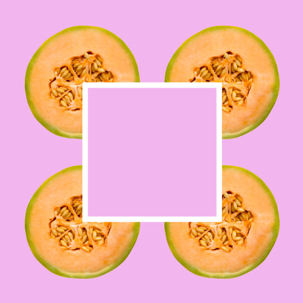 Creative layout made of melon cut on color background. White frame, copy space for text. Top view. Tropical fruit concept