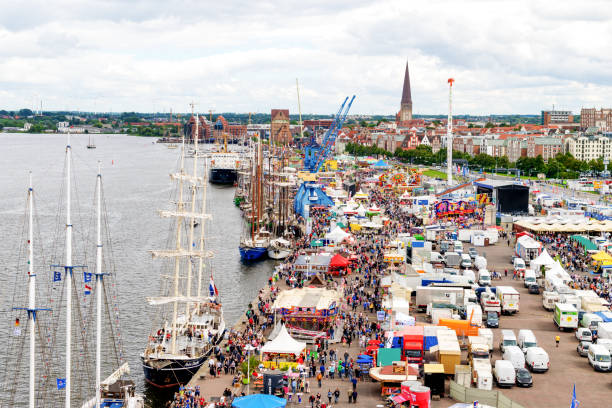 Rostock, Germany - August 2016: lots of sailing ship on Hanse Sail and Hanse Sail markt. Aerial photography