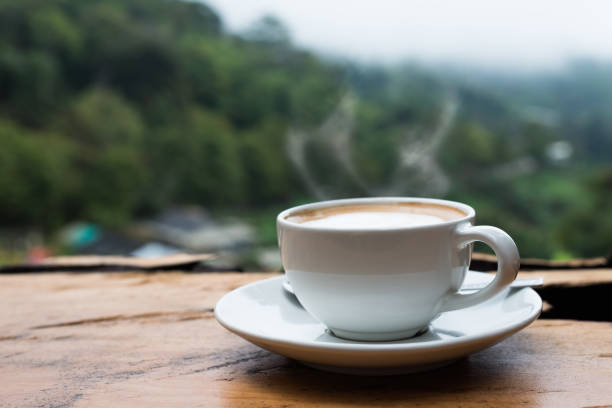 istock Hot coffee cappuccino cup with milk foam on wood table. 817934012