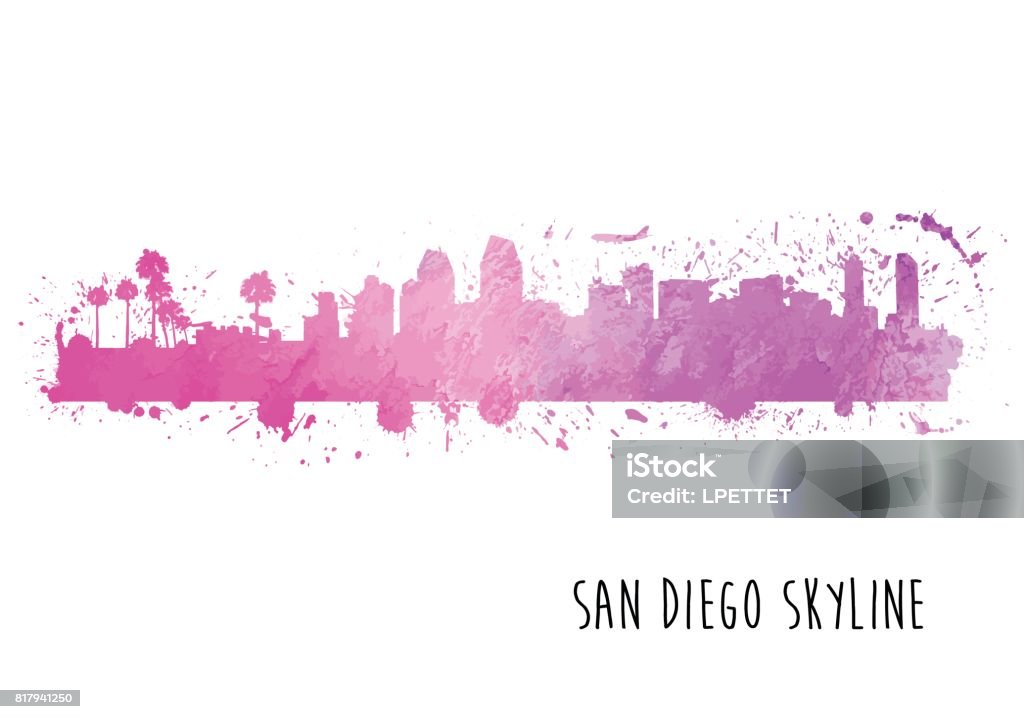 San Diego Skyline Watercolor A vector illustration of the San Diego Skyline in watercolor paint. Airplane stock vector