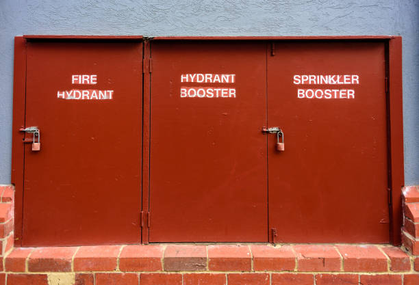 Fire Equipment 3 locked red fire equipment doors flammable cabinet stock pictures, royalty-free photos & images