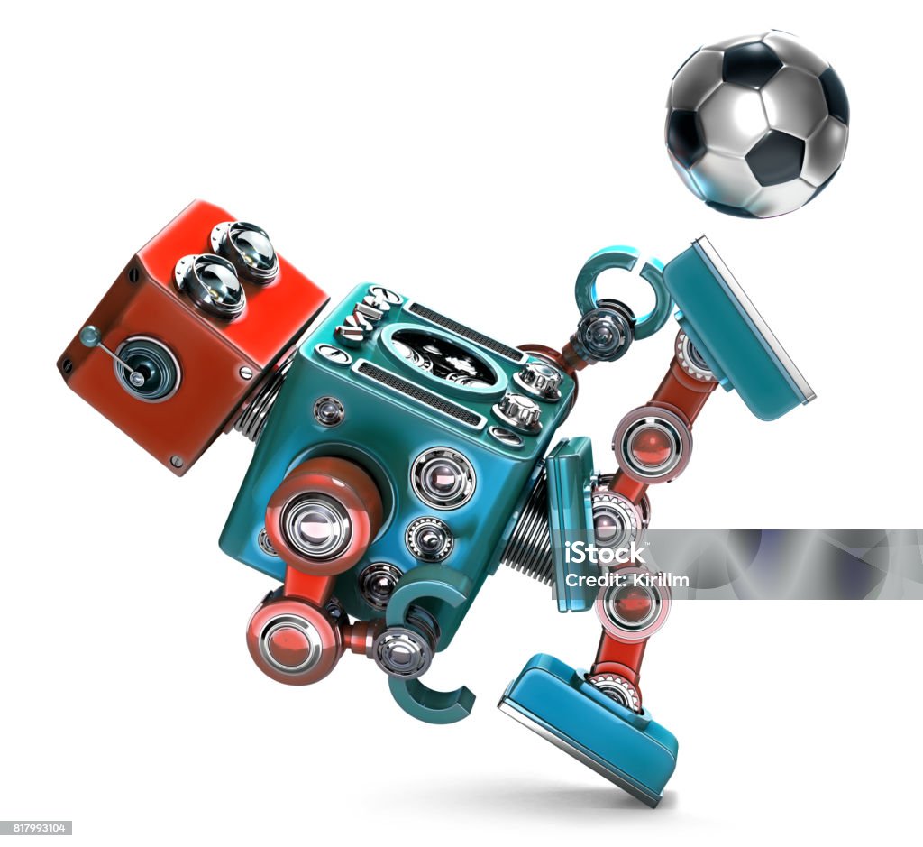 3D Retro Robot playing soccer. Isolated. Contains clipping path Robot Stock Photo