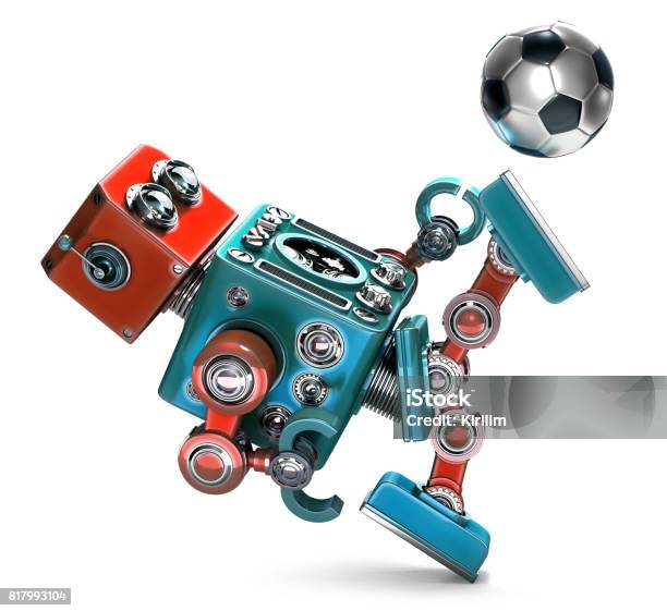 3d Retro Robot Playing Soccer Isolated Contains Clipping Path Stock Photo - Download Image Now