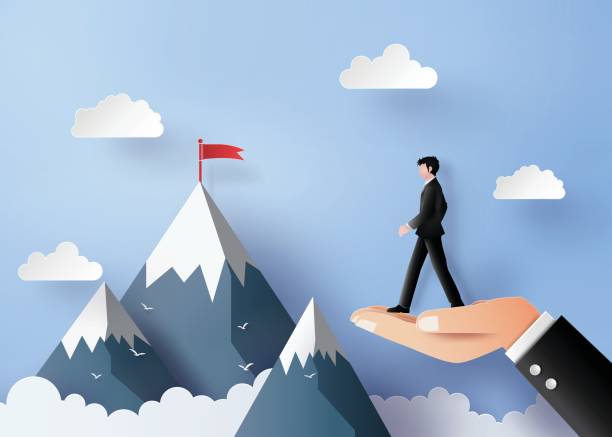 bussiness concept of vision and leader bussiness concept of vision and leader.bussiness man walking on the hand The illustrations do the same paper art and craft style origami hand stock illustrations