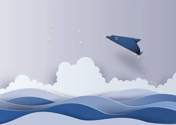 Vector illustration of Origami made dolphin in the sea