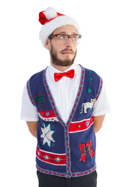 Geeky hipster in santa hat Geeky hipster in santa hat on white background christmas nerd sweater cardigan stock pictures, royalty-free photos & images
