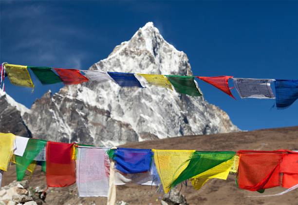 istock Rows of prayer flags and mount Arakam Tse 818059542