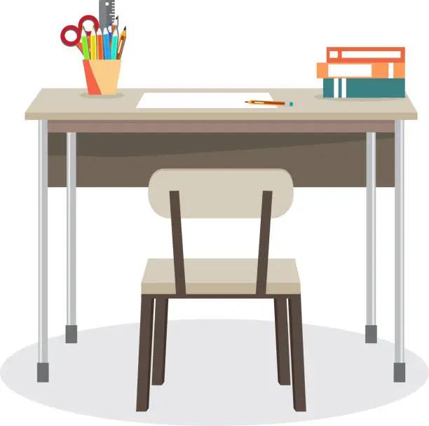 Vector illustration of School desk with a chair. On the table are the school supplies