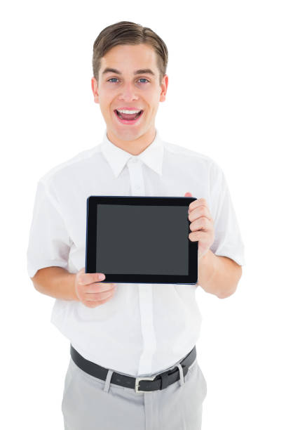 istock Geeky businessman showing his tablet pc 818078576