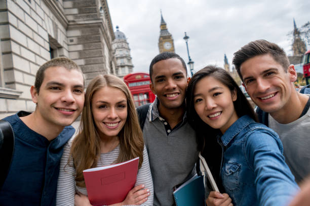 istock Group of exchange students in London taking a selfie 818087484