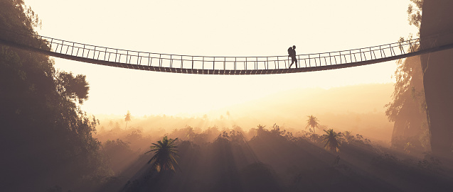 Man rope passing over a bridge suspended between mountains. This is a 3d render illustration.