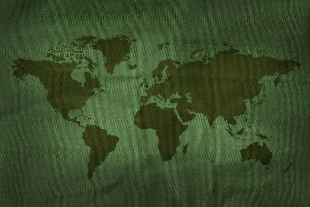 istock World Map on Military Army Fabric Texture background 818116488
