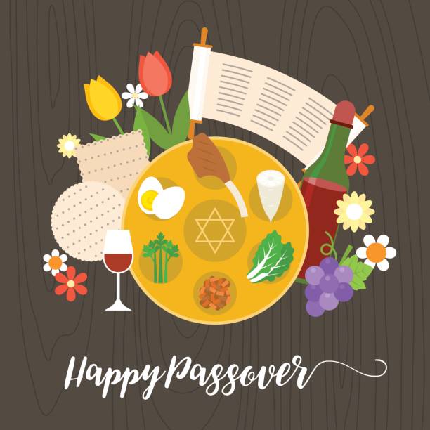 happy passover happy passover with seder plate, wine, matzah on brown background, flat design vector passover stock illustrations