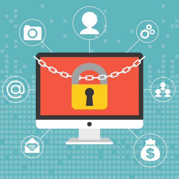 Chain and lock on computer screen Chain and lock on computer screen, security for system concept on digital background, flat design personal data photos stock illustrations