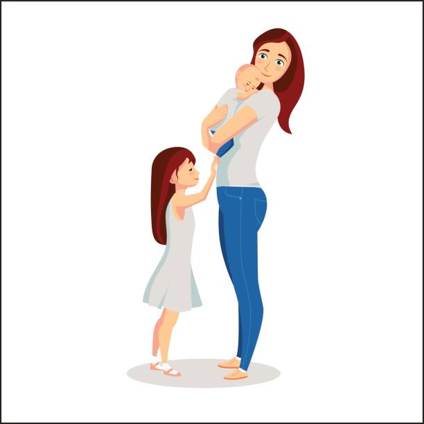 ilustrações de stock, clip art, desenhos animados e ícones de mother with two children girl and boy vector illustration - girl5