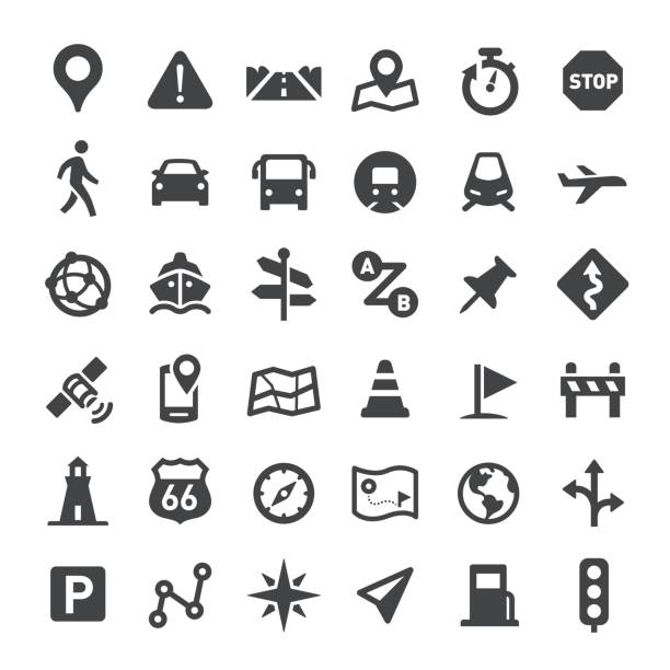 ilustraciones, imágenes clip art, dibujos animados e iconos de stock de iconos de navegación - grandes series - global communications directional sign road sign travel