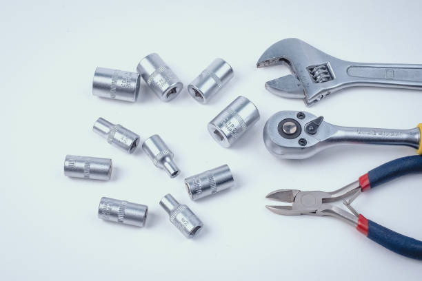 istock Flat lay of repairman equipments and tools, white background, copy space 818246892