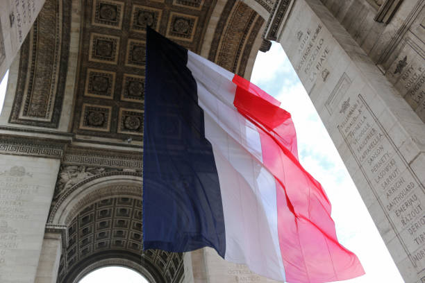 istock Arc de Triomphe with French Flag in Paris 818249102