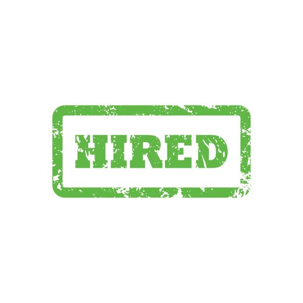 Hired inscription in green frame. Hired for work document stamp Hired inscription in green frame. Hired for work document stamp. Sticker vector illustration with distressed texture. Rubber watermark Hired in rounded rectangle. Job offer stamp grungy sign or icon watermark ideas stock illustrations