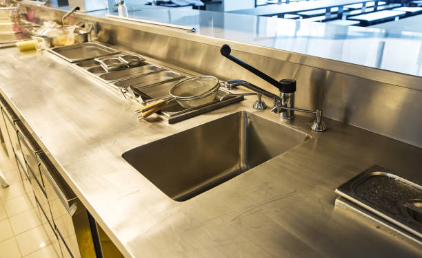 istock Professional kitchen, view counter in steel 818254148