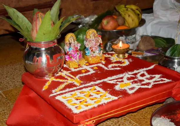Entire Hindu worship items. "Pooja" of Laxmi and Ganesha / Ganesh ji on festivals like Diwali / Deepawali, Raksha Bandhan, Dushera or on special occasions like birthday, wedding/ marriage and wirship occasions. Kalash and diya also there.