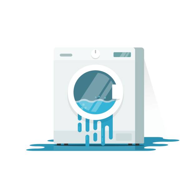 çamaşır makinesi vektör çizim kırık, düz çizgi film zarar akan ile çamaşır makinesi su katta izole onarım - washing machine stock illustrations