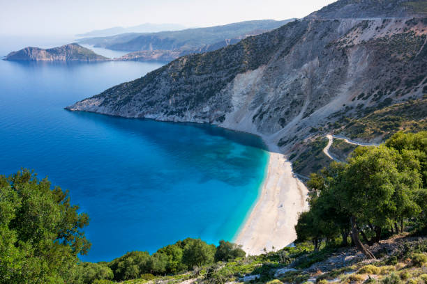 Myrtos Beach, Kefalonia, Greece Myrtos Beach is in the region of Pylaros, in the north-west of Kefalonia island, in the Ionian Sea of Greece. lixouri stock pictures, royalty-free photos & images