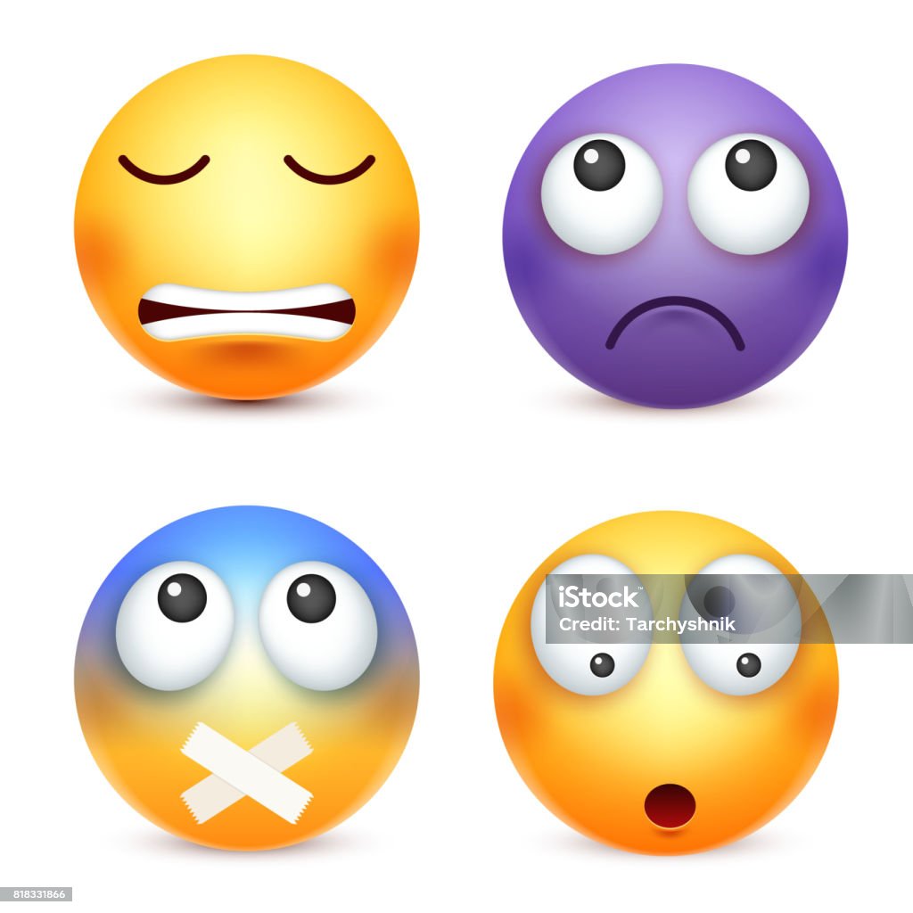 Ilustración de Smiley Emoticon Conjunto Cara Amarilla Con Las Emociones  Expresión Facial Emoji Realista 3d Caras Tristes Felizes Enojadas Personaje  De Dibujos Animados Divertidos Estado De Ánimo Icono De La Web Ilustración