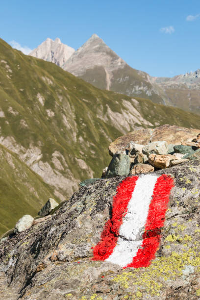 istock red and white hiking marker on rock in Austrian Alps 818336256