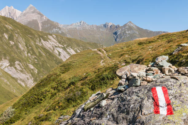 istock red and white hiking trail marker in Austrian Alps 818336382
