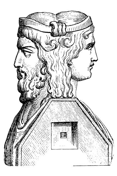 Roman God Janus Illustration of a Roman God Janus janus head stock illustrations
