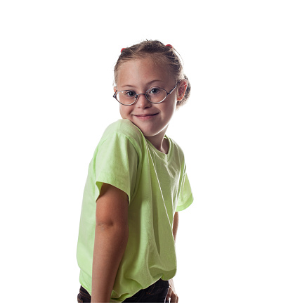 Portrait of a girl with special needs on a white background
