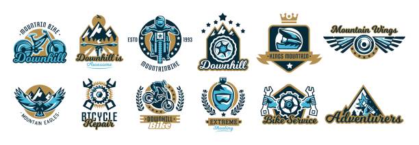 Set of symbols on the mountain bike and downhill. Helmet, sunglasses, camera, eagle, fly, wings, parts, rider, landscape, crown, repair, spare parts, maintenance, service, business. Vector illustration. Set of symbols on the mountain bike and downhill. Helmet, sunglasses, camera, eagle, fly, wings, parts, rider, landscape, crown, repair spare parts maintenance service business Vector illustration bmx racing stock illustrations