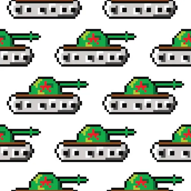 Vector illustration of Pixel art vector objects to create Fashion seamless pattern. Background with tanks for boys. trendy 80s-90s   style, computer ga