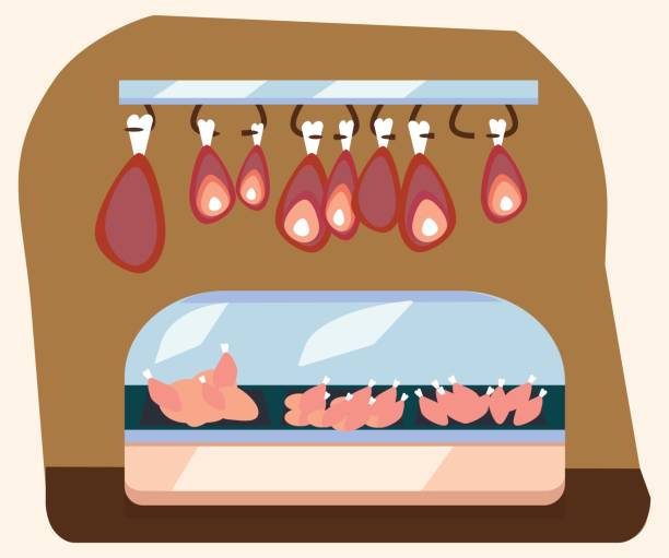 dział mięsny, półka wieprzowa ze świeżą wołowiną i stekiem w lodówce w supermarkecie, duży wybór ekologicznych produktów rolnych sprzedawanych we wnętrzu sklepu spożywczego, sklep z ilustracją wektorową kiełbasy - butchers shop meat sausage store stock illustrations