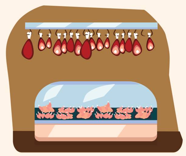 dział mięsny, półka wieprzowa ze świeżą wołowiną i stekiem w lodówce w supermarkecie, duży wybór ekologicznych produktów rolnych sprzedawanych we wnętrzu sklepu spożywczego, sklep z ilustracją wektorową kiełbasy - butchers shop meat sausage store stock illustrations