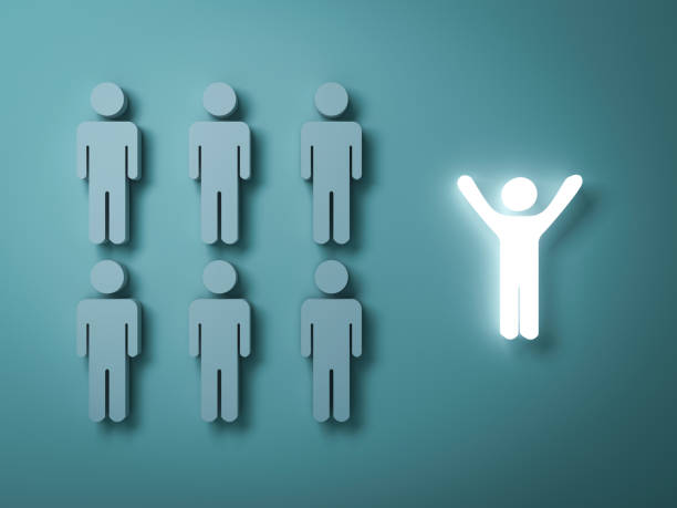 istock Stand out from the crowd and different creative idea concepts , One glowing light man standing with arms wide open with other people on dark green background with shadows . 3D rendering 818386926