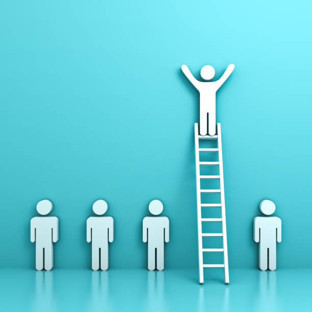 istock Stand out from the crowd and different concept , One man standing with arms wide open on top of ladder above other people on light green pastel background with reflection and shadow. 3D rendering 818386954
