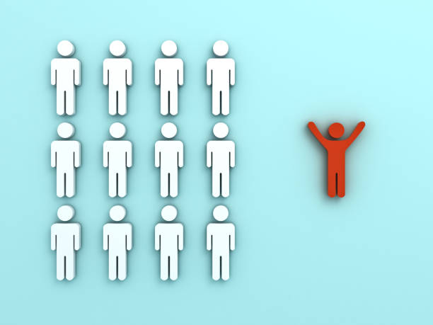 istock Stand out from the crowd and different concept , One red man standing with arms wide open isolated from other people on light green pastel color background with reflections and shadows . 3D rendering 818387362
