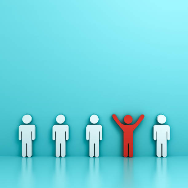 istock Stand out from the crowd and different creative idea concept , One red man standing with arms wide open among other people on green pastel color background with reflections and shadows . 3D rendering 818387502
