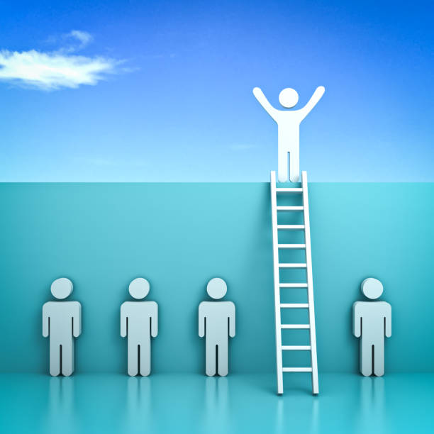 istock Stand out from the crowd and different concept , One man standing with arms wide open on top of the wall with ladder above other people on green pastel background with reflections . 3D rendering 818387580